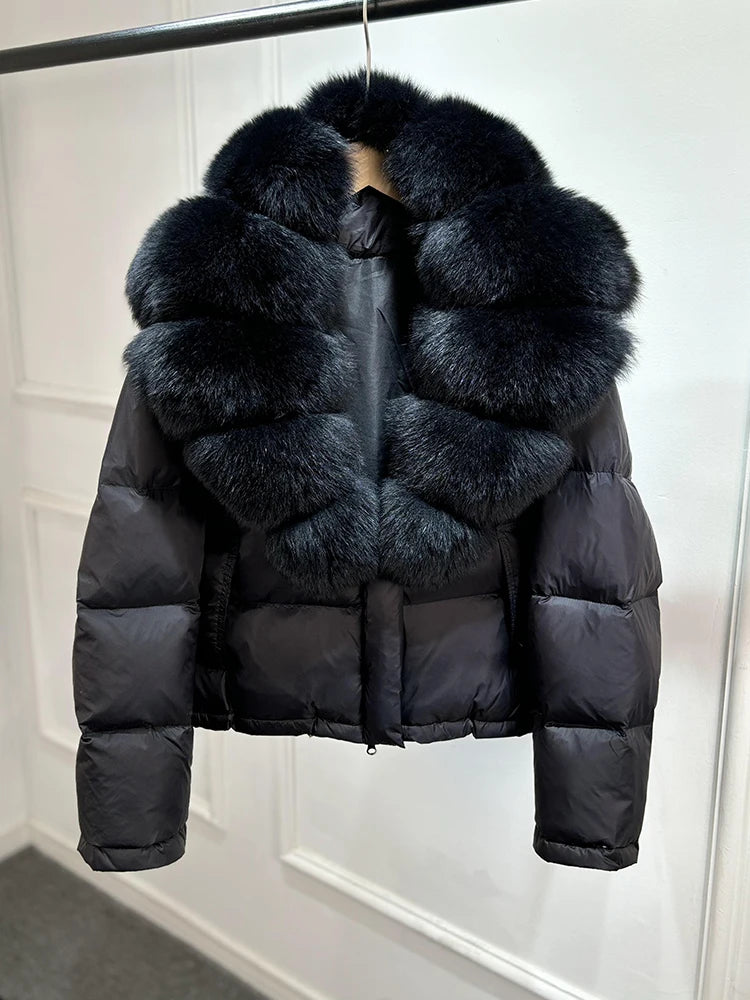 Lagabogy 2025 Abrigo casual cálido de mujer, parka de plumón, abrigo de lujo con cuello de piel de zorro natural, chaqueta de plumón de pato blanco para mujer