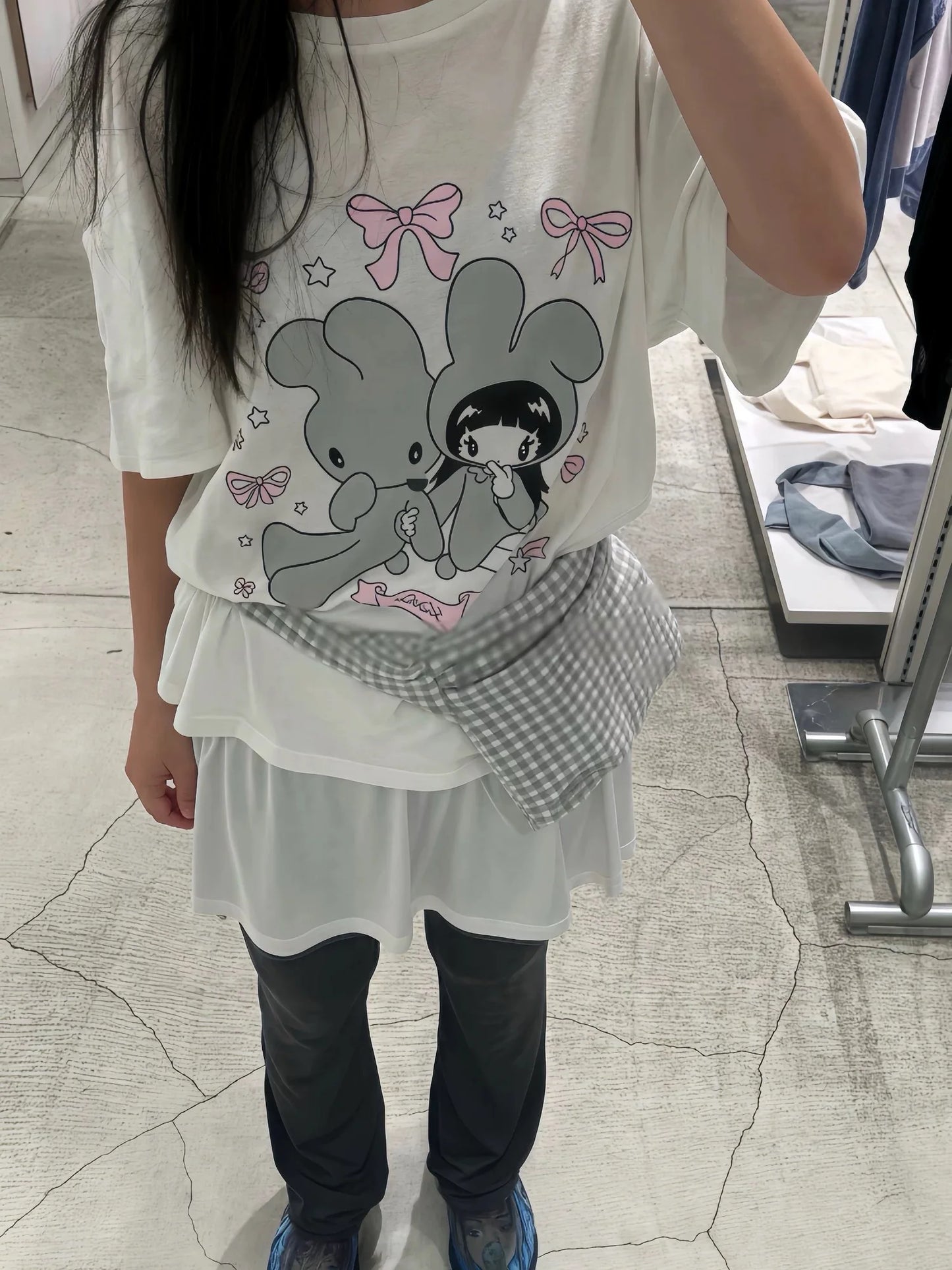 bunny girl print O Neck Top