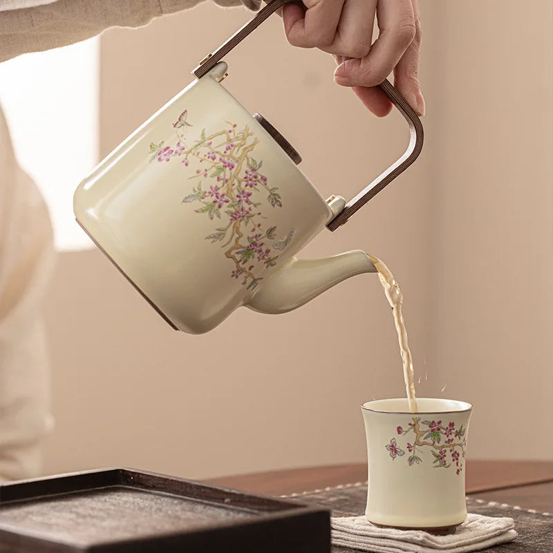 Beige Ru Kiln Wisteria Flower Teapot