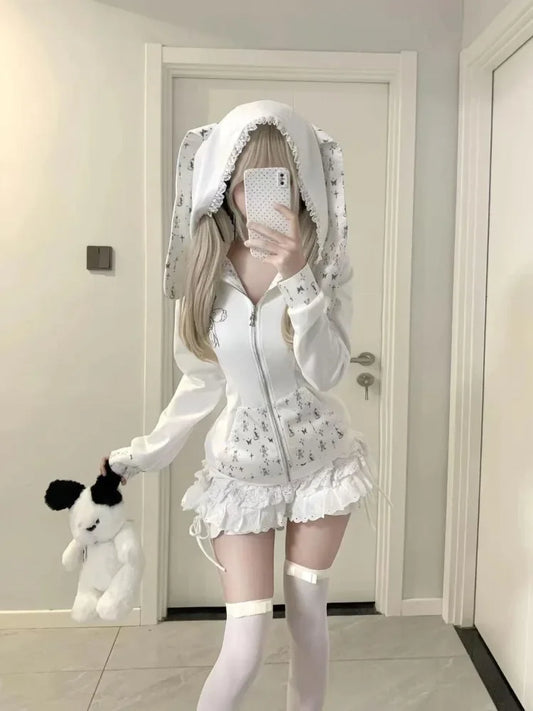 Sudadera de manga larga con capucha de orejas de conejo y encaje + Falda de pastel de cintura alta