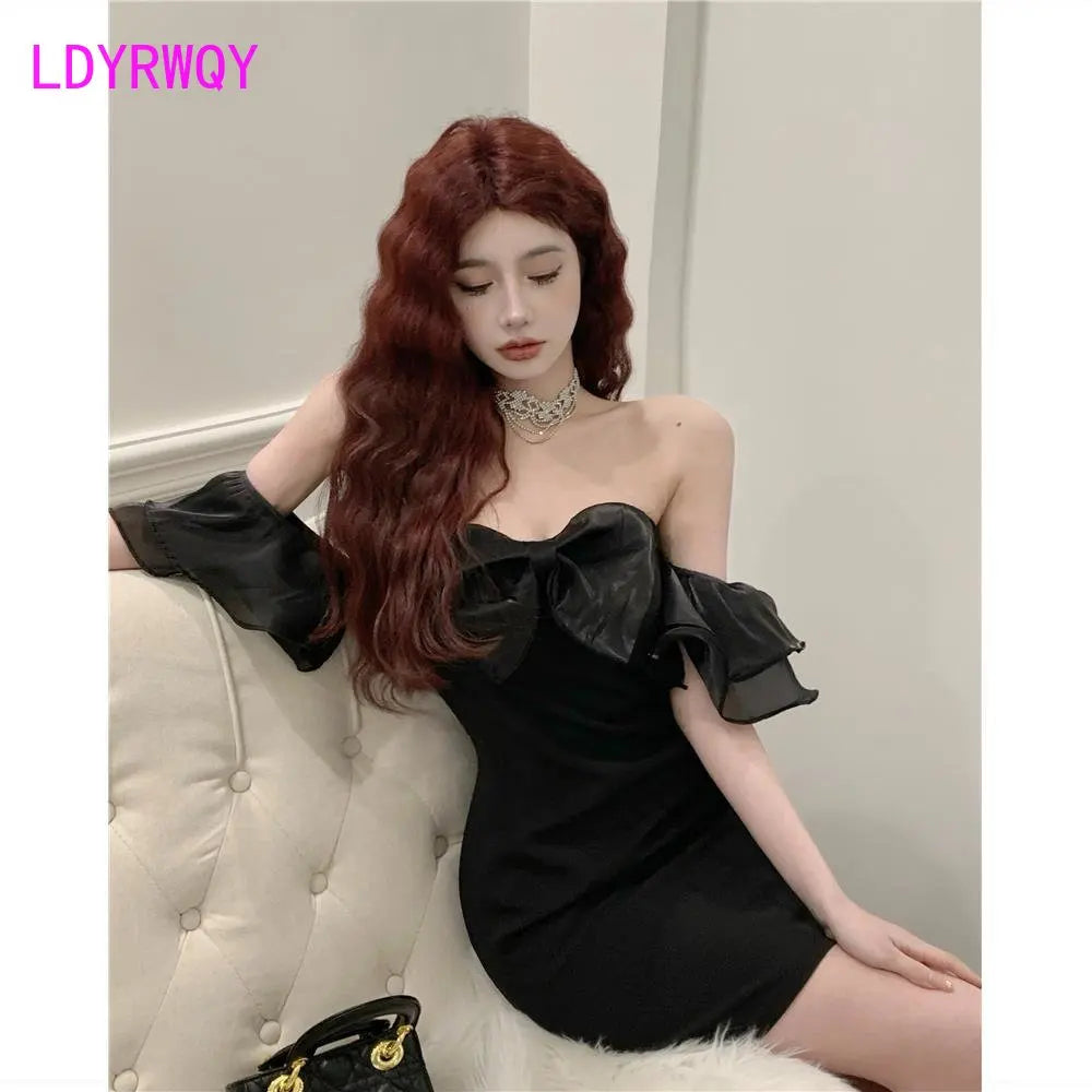 off-shoulder, puffy gauze, bow tie dress