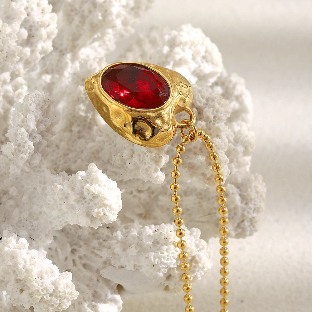 E.B.belle PVD Plated Beaded Chain Heart Shape Red Gemstone Pendant Necklace