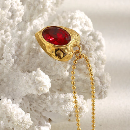 E.B.belle PVD Plated Beaded Chain Heart Shape Red Gemstone Pendant Necklace