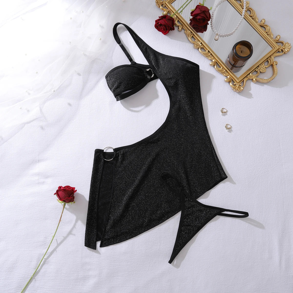 Ellolace Sissy Vestido de Mujer Atrevido Hueco Tanga 2PC Íntimo Asimétrico Sirena Cuerpo Tejido Brillante Estrellado Ropa de Mujer