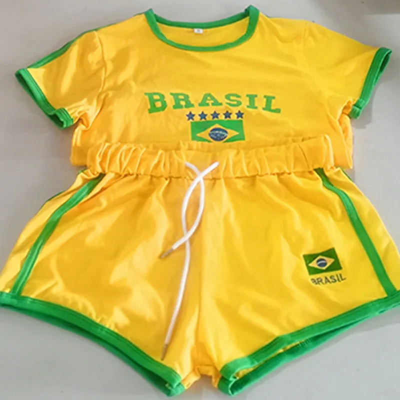 Short Sleeve T-Shirt + Drawstring Shorts Brazil Letter Print Set