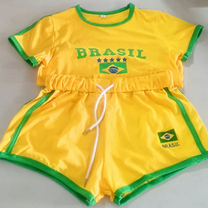 Short Sleeve T-Shirt + Drawstring Shorts Brazil Letter Print Set