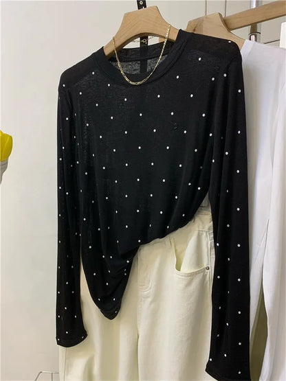 Minimalist round Neck Polka Dot Long Sleeve T-shirt