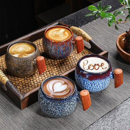 Kiln-changed ceramic wood handle mug