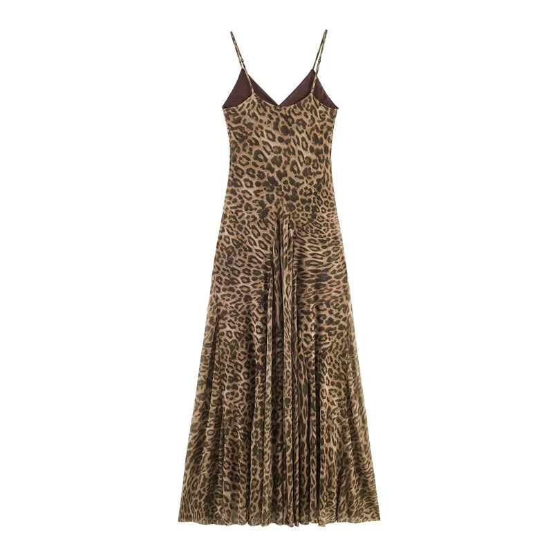 Leopard Print Spaghetti Strap A-Line Midi Dress