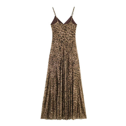 Leopard Print Spaghetti Strap A-Line Midi Dress