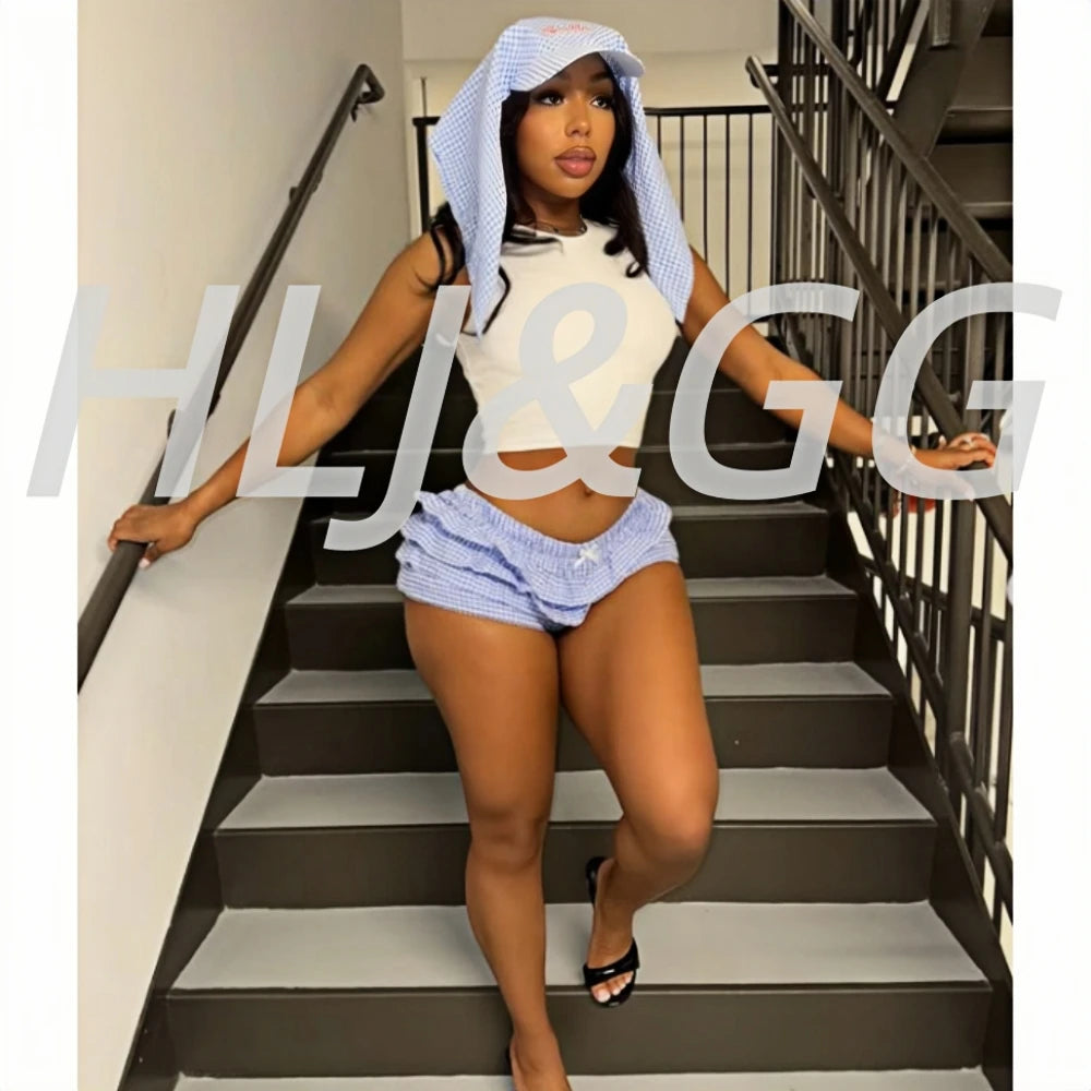 Plaid Print Ruched Shorts Two Piece Set