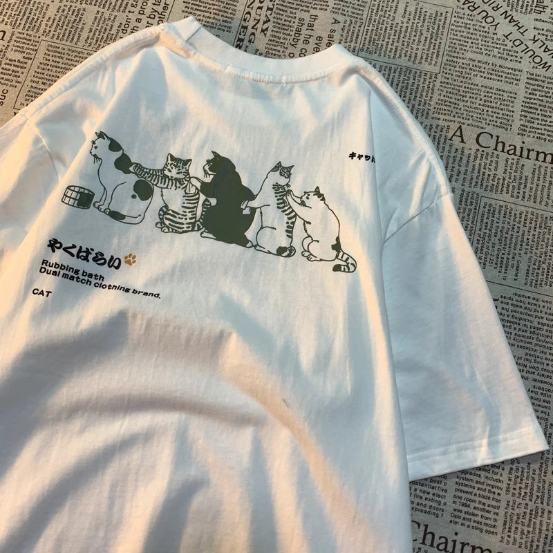 Camiseta de manga corta con estampado de gato de dibujos animados