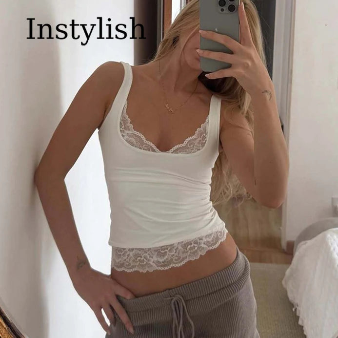 Top corto sin mangas con cuello cuadrado, sin espalda, de encaje con volantes y retazos, sexy y2k a la moda para mujer, ideal para fiestas, vacaciones y verano.