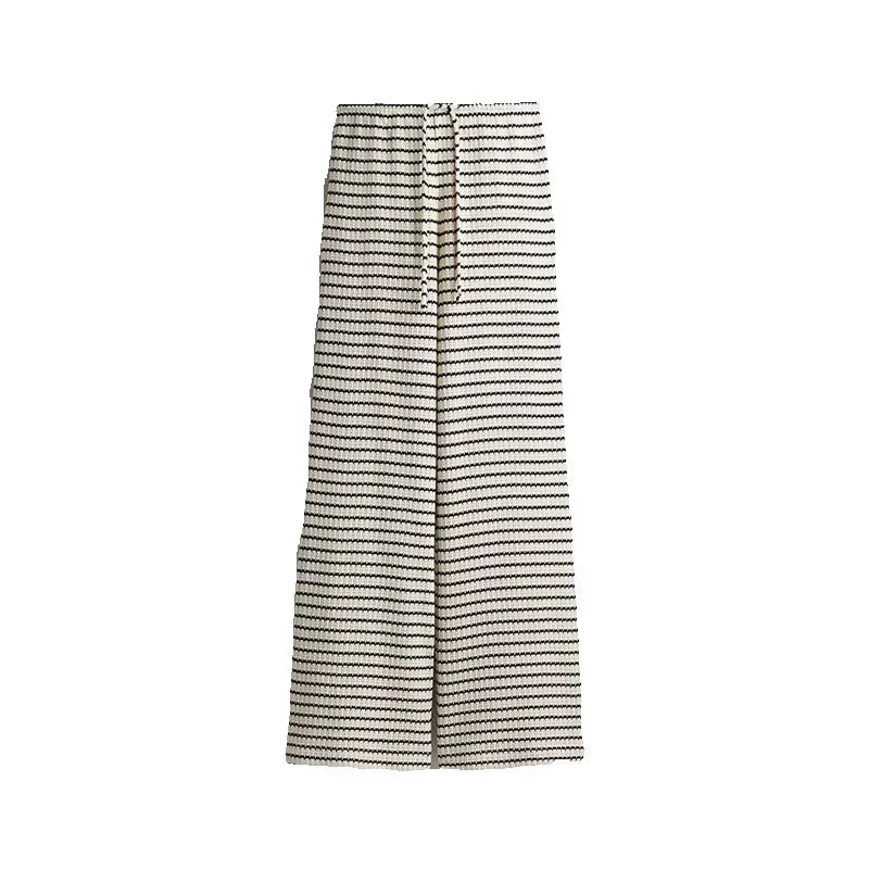 Conjunto de dos piezas elegante de punto a rayas para mujer, top y pantalón, informal, manga corta, cuello V, jersey con cordón ajustable, pantalón largo de pierna ancha, traje de moda 2025