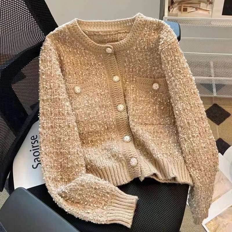 Cárdigan de punto grueso de manga larga para mujer, cuello redondo, un solo botón, Otoño-Invierno 2025, Moda Coreana