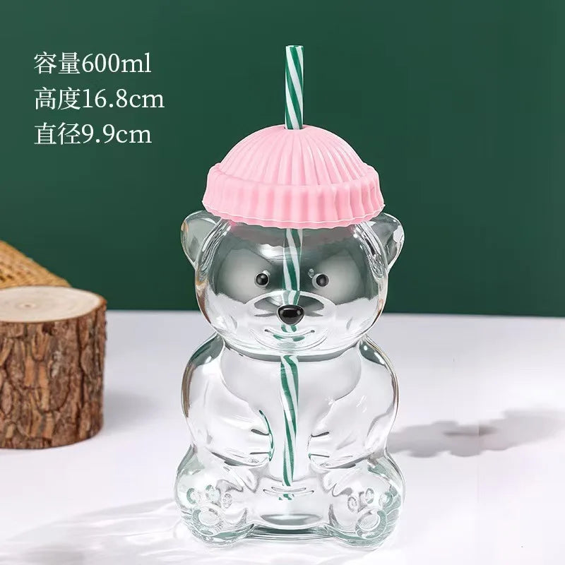 Bear Shape Glass Cup With Straw