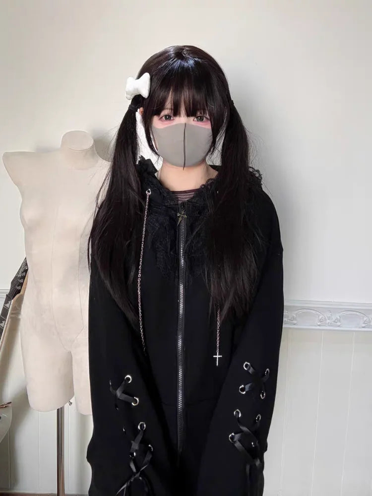 Sudadera con capucha japonesa Y2K Harajuku estilo "spicy girls" estilo oscuro para mujer con cordones en otoño y tops estilo emo