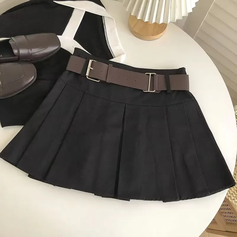 Faldas mini plisadas estilo Harajuku coreano para mujer, Lolita, lisas con cinturón, estilo preppy vintage, cintura alta, gótica, falda Y2k de verano
