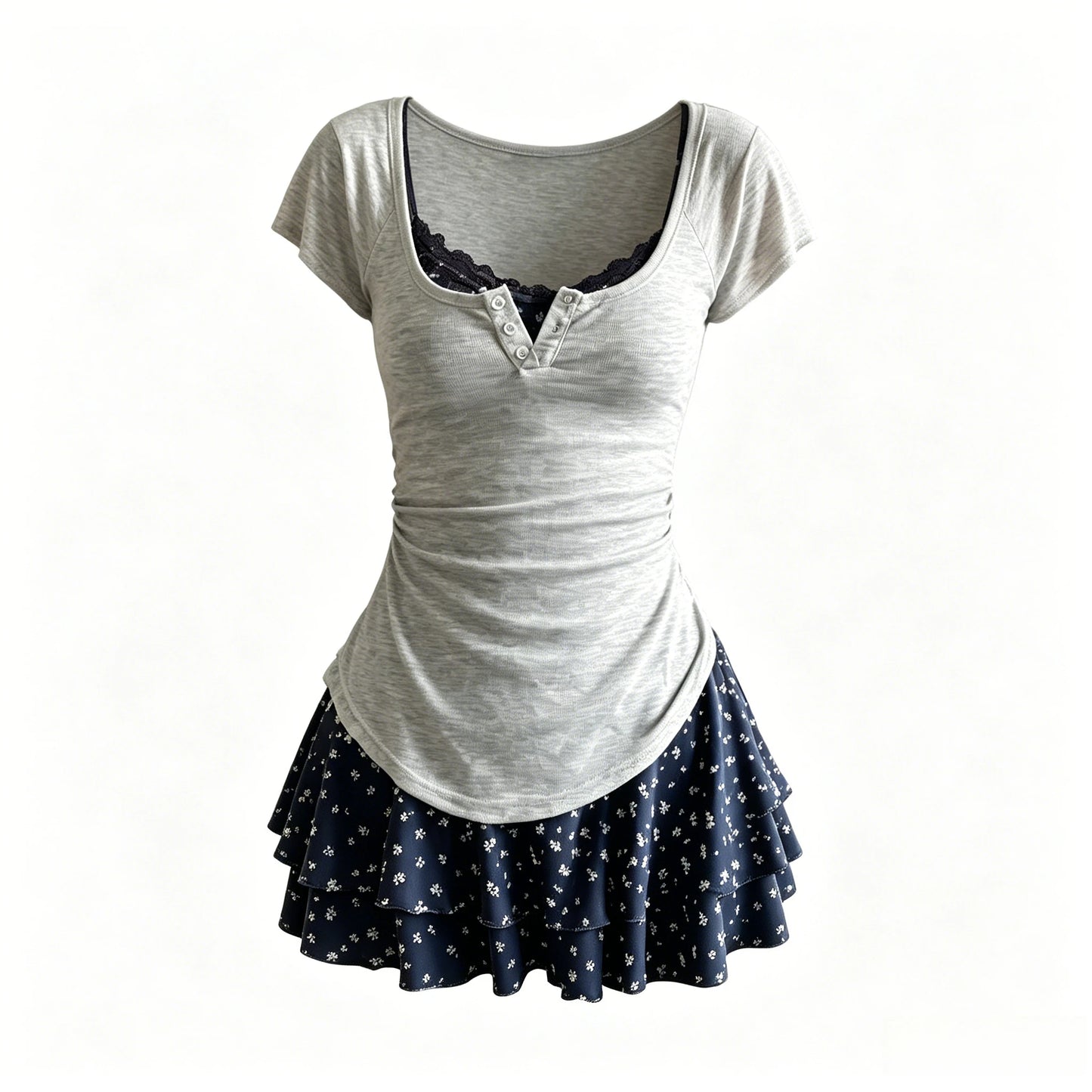 Top Henley de manga corta + Minifalda de volantes superpuestos