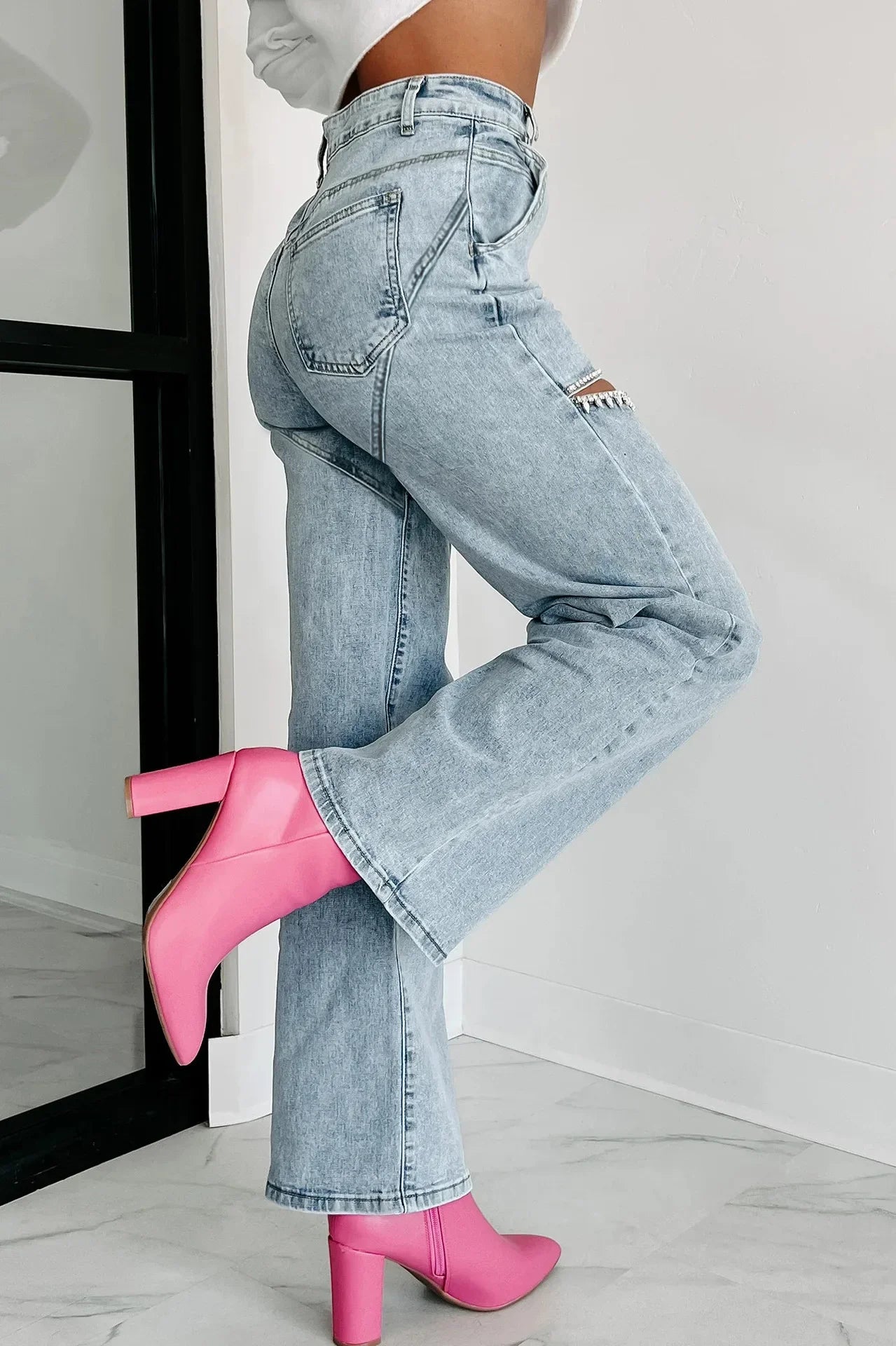 Pantalones Vaqueros de Mujer de Moda Cintura Alta Versátiles Casuales Perforados Rectos Jeans Femeninos Y2k Streetwear Primavera/Verano 2024