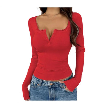 Regular Fit Long Sleeve V Neck Lace Stitching Pullover Top