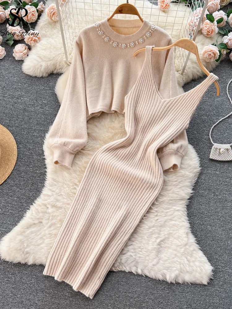 Jersey de Perlas de Manga Larga + Conjunto de Vestido Camisero de Punto