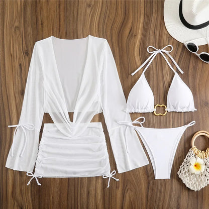 Brown Halter String Triangle Bikinis Sets 4 Piece Mesh Smock Cover Up