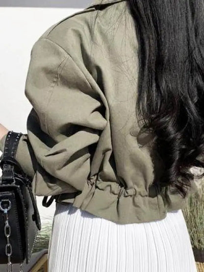 Zipper Drawstring Collar Short Loose Fit Double Jacket