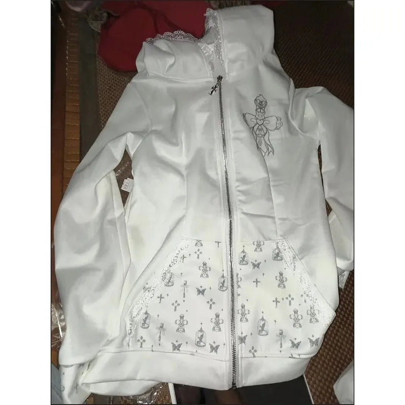 Sudadera de manga larga con capucha de orejas de conejo y encaje + Falda de pastel de cintura alta