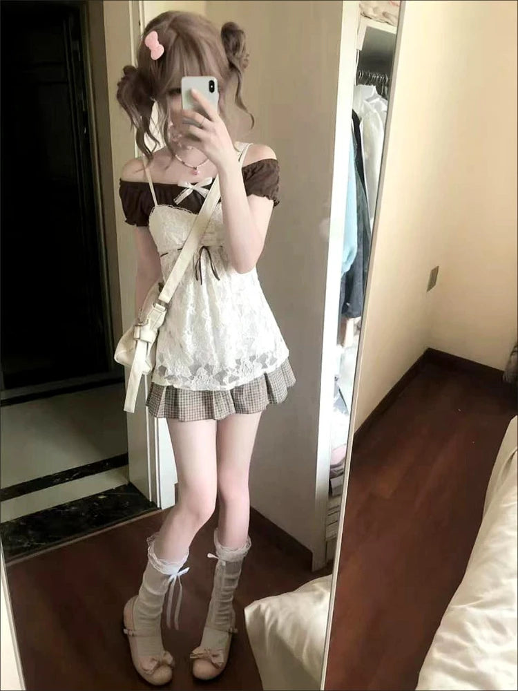 Conjunto de tres piezas de camisola de encaje y manga corta