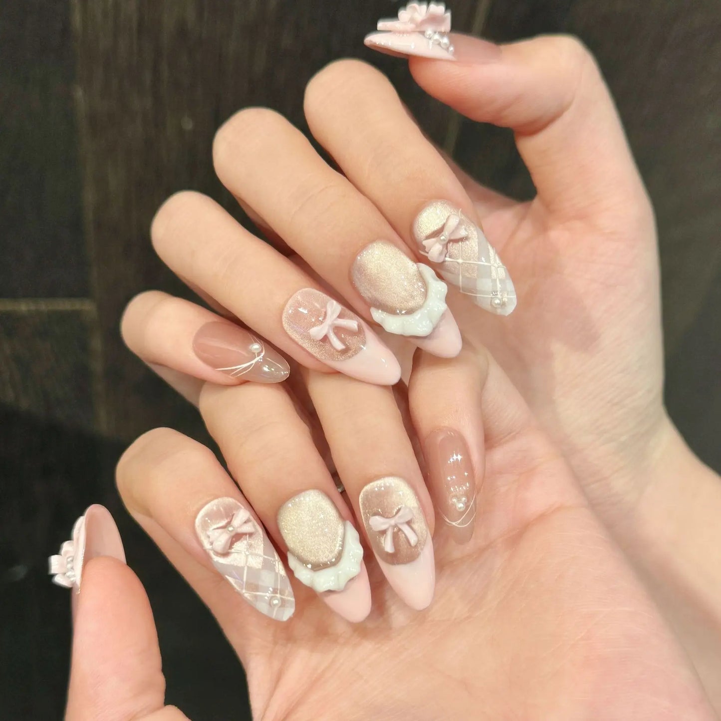10 uñas postizas hechas a mano con ojo de gato francés, lazo rosa