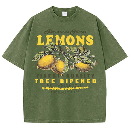 Camisetas lavadas de talla grande con estampado de limones frescos de primera calidad para mujer, camiseta holgada de manga corta cómoda Y2K de algodón que combina con todo