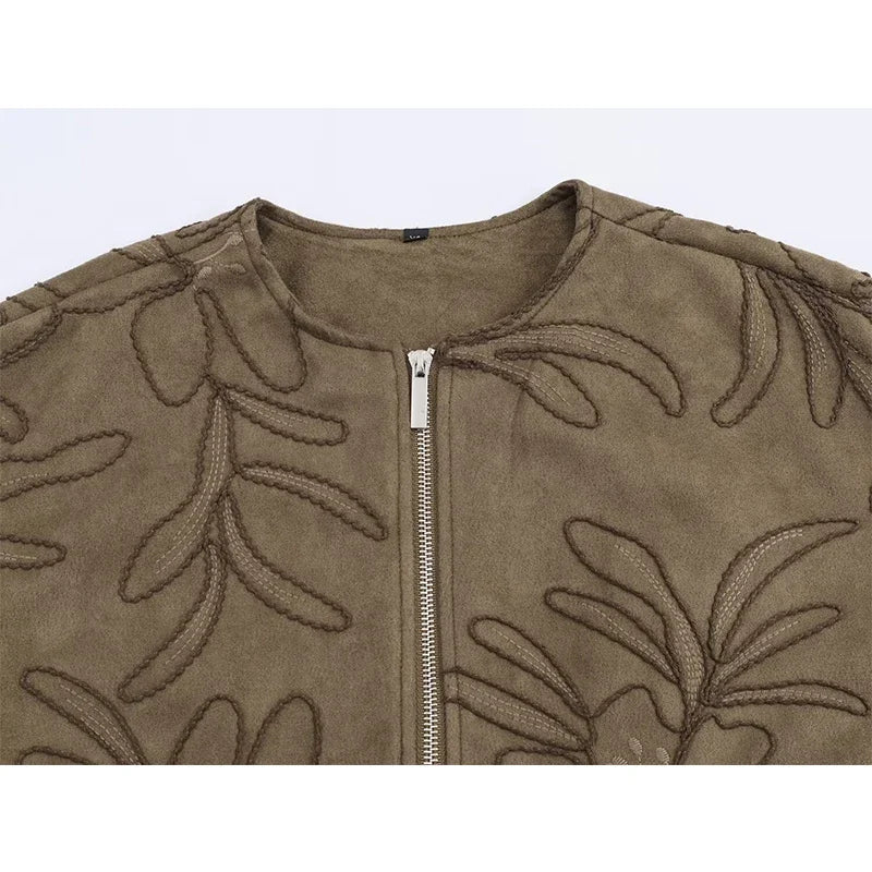 Faux Suede Embroidery Bomber Jacket