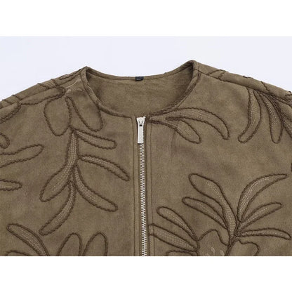 Faux Suede Embroidery Bomber Jacket
