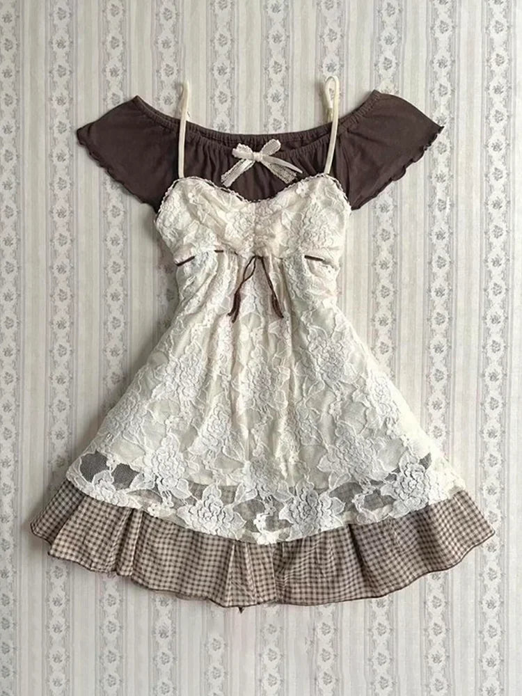 Conjunto de tres piezas de camisola de encaje y manga corta