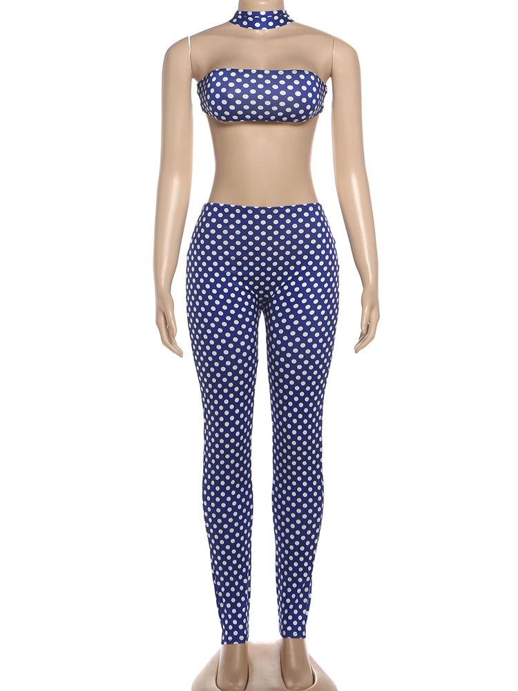 Polka Dot Print Irregular Halter Backless Tank Tops + Skinny Long Pants Set