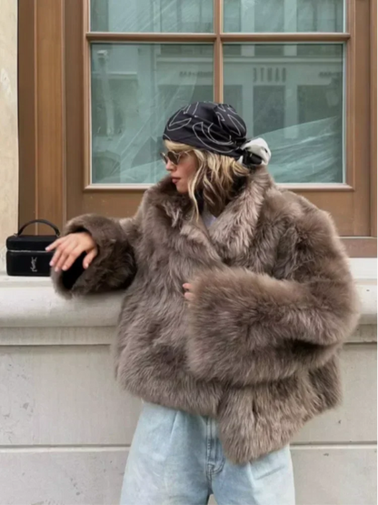 Chaqueta corta de piel suelta de moda para mujer, elegante cuello levantado, abrigos gruesos de un solo botón, chaquetas diarias de calle alta para dama 2025