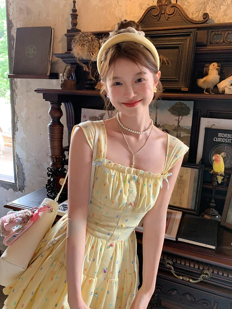 Polka Dot Square Collar Waist Cinched A-line Suspender Dress
