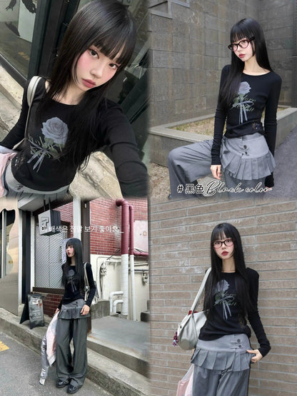 Rose Print Lace-paneled Long Sleeve O-neck T-Shirt