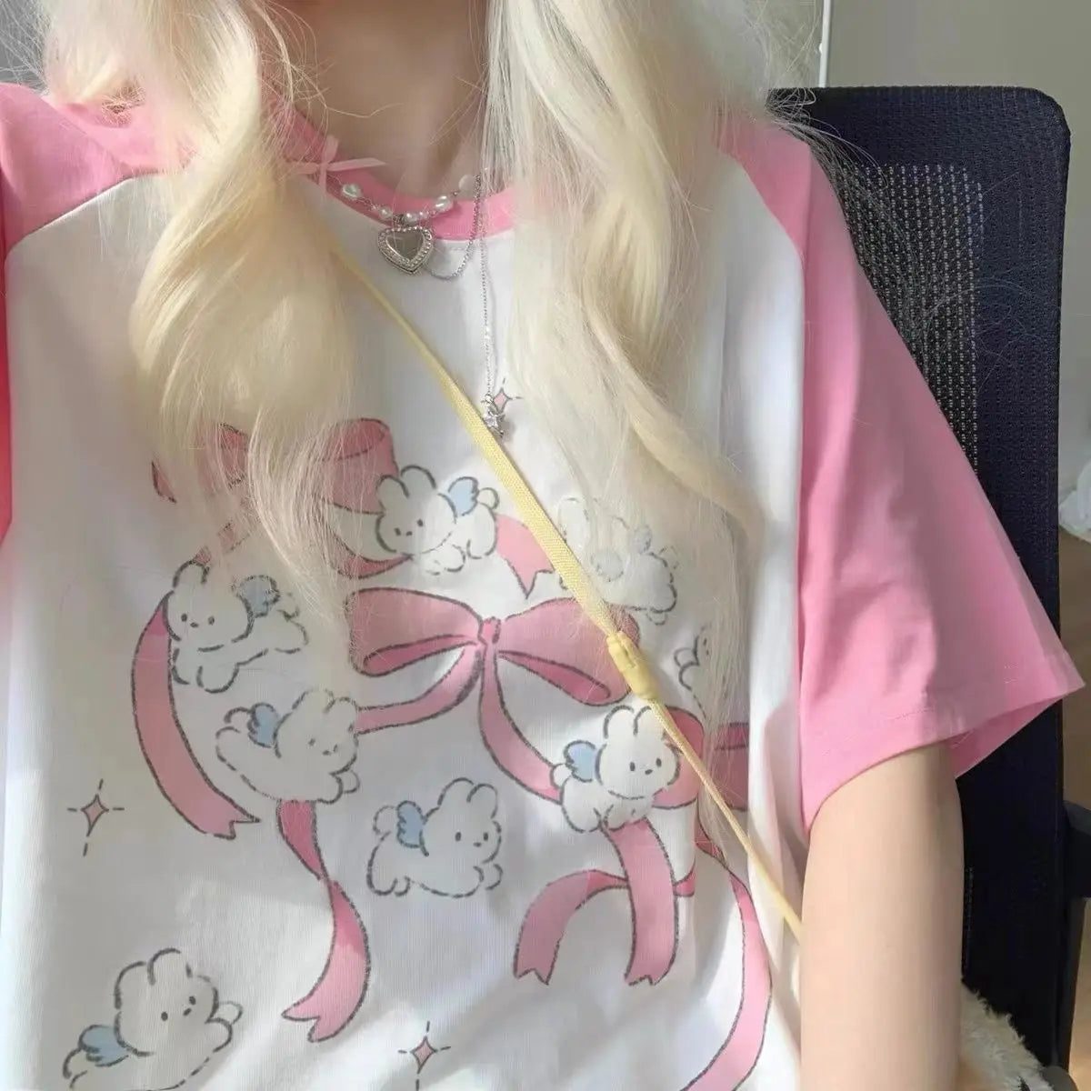 Camisetas Kawaii Rosadas para Mujer Estilo Japonés Y2k Dulces Camisetas de Dibujos Animados para Chicas Lindas de Lazo Estampado de Manga Corta Top de Verano Camiseta Oversize