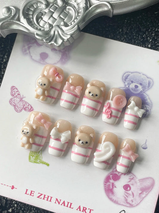 Kawaii Short Square Shape 3D Doll Bear Press On Nails