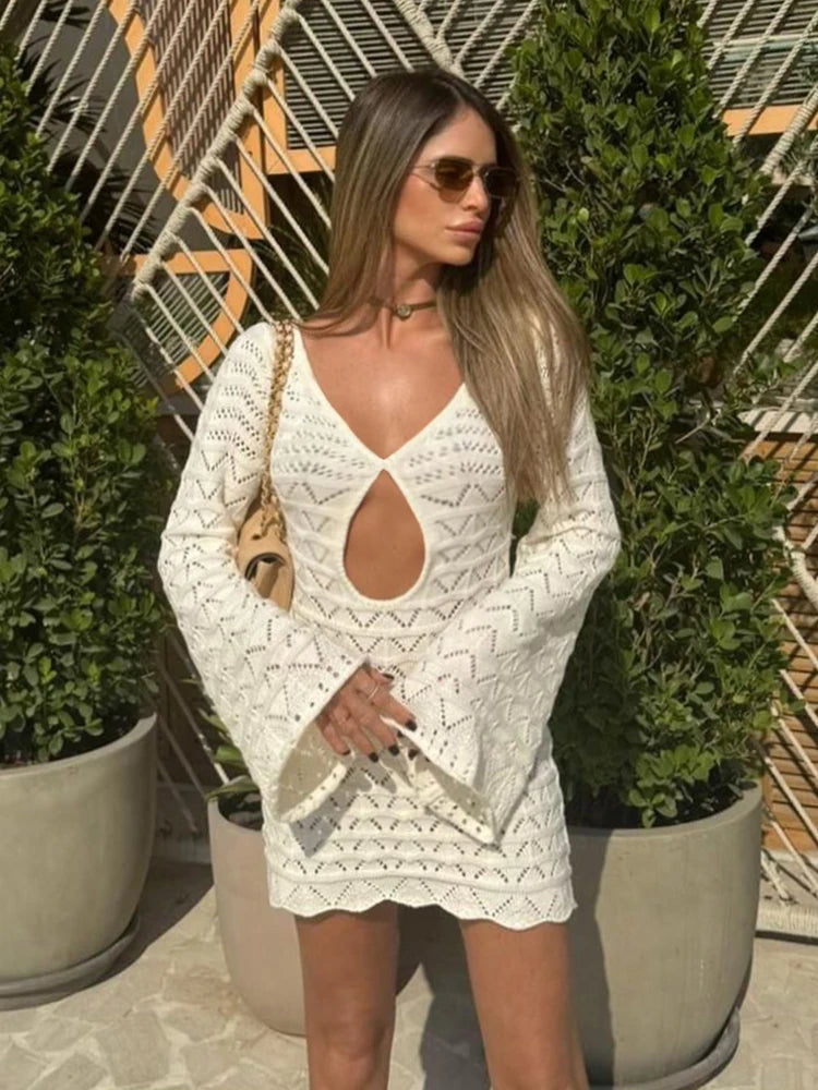Striped V-neck Cut Out Bell Sleeve Knit Dress