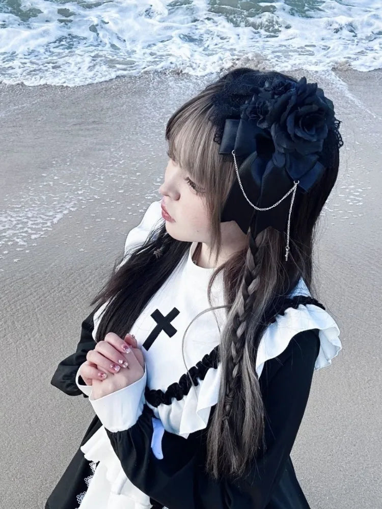 Vestido de hada con volantes, manga larga, dulce, Kawaii Lolita, de encaje, patchwork, estilo Y2k estético, de gala, color contrastante, túnica para mujer