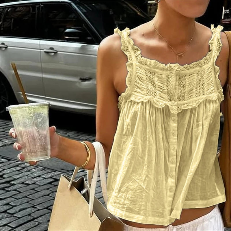Bonitos tops cortos para salir, chaleco bohemio para mujer, top sin mangas con ribete de encaje y volantes Y2k, camisola de cuello redondo transparente con botones delanteros estilo hada sexy.