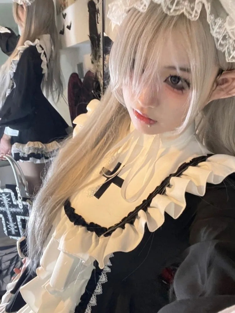 Vestido de hada con volantes, manga larga, dulce, Kawaii Lolita, de encaje, patchwork, estilo Y2k estético, de gala, color contrastante, túnica para mujer