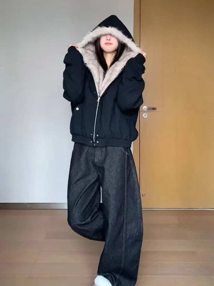 Abrigo Otoño Nuevo Elegante Forro de Piel Holgado Mujer Y2k Cuello de Piel con Capucha Parkas Gruesas de Moda Abrigo Casual Chaquetas Acolchadas de Algodón