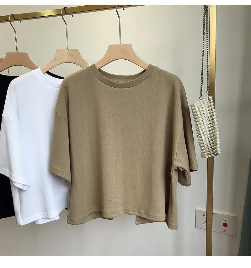 Backless Short O-Neck Solid Color T-Shirt