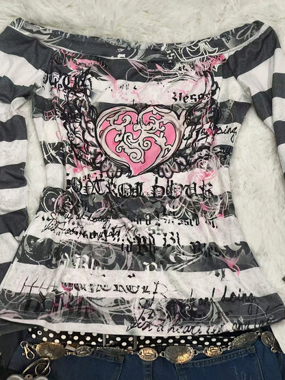 Angel Heart Print Striped One-Shoulder Long-Sleeved T-Shirt
