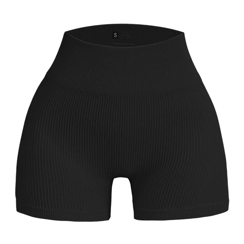 Pantalones cortos de punto acanalados para mujer, shorts de yoga sin costuras, shorts elásticos de cintura alta, shorts sexys para realzar la cadera, pantalones de tres cuartos para ciclismo y running.