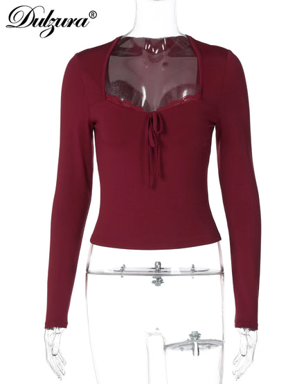 Square Collar Long Sleeve Slim Lace Up T-Shirt